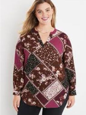 Patchwork Floral V-Neck Top in Muave and Brown